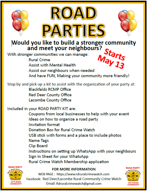 Get your Road Party Kit at Blackfalds RCMP Office, Red Deer County Office, or Lacombe County Office.